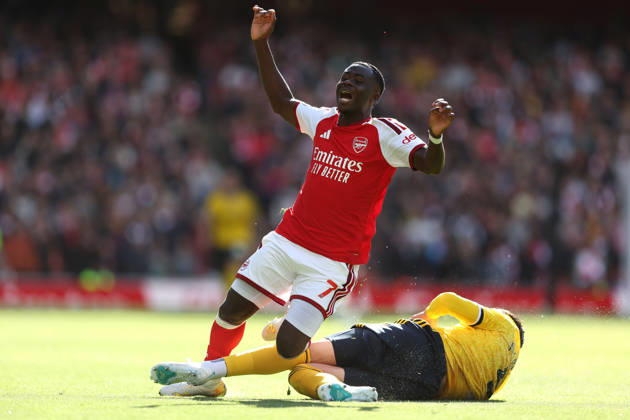 Arsenal v Leeds United 10 October 2026, London - Premier League Football - Arsenal v Leeds United - Tarik Muharemovic of Leeds United fouls Bukayo Saka of Arsenal - Photo: Charlotte Wilson Offside. London UK Copyright: xCharlottexWilsonx xOffsidexOffside