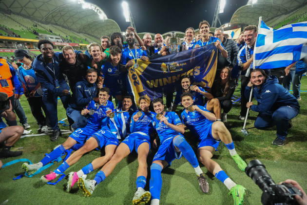 AUSTRALIA CUP SOUTH MELBOURNE VICTORY, South Melbourne celebrate with the trophy after winning the Australia Cup final match between South Melbourne FC and Melbourne Victory FC at AAMI Park in Melbourne, Saturday, October 10, 2026. ( NO ARCHIVING, EDITORIAL USE ONLY MELBOURNE VICTORIA Australia Copyright: xSCOTTxBARBOURx 20261011129026044509