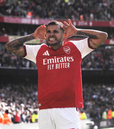 Football - 2026 2027 Premier League - Arsenal vs Leeds United - Emirates Stadium - Saturday 10th October 2026 Bruno Guimaraes of Arsenal celebrates scoring the winning goal 