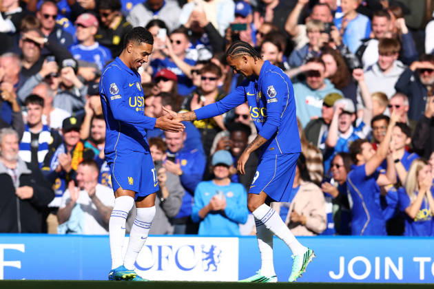 London, England, 10th October 2026. Morgan Rogers (L) of Chelsea celebrates after scoring to make it 2-0 during the Chelsea vs AFC Bournemouth Premier League match at Stamford Bridge, London. Picture credit should read: Paul Terry Sportimage EDITORIAL USE ONLY. No use with unauthorised audio, video, data, fixture lists, club league logos or live services. Online in-match use limited to 120 images, no video emulation. No use in betting, games or single club league player publications. SPI_019_PT_Chelsea_Bournemouth SPI-5060-0019