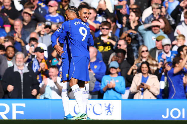 London, England, 10th October 2026. Morgan Rogers (R) of Chelsea celebrates after scoring to make it 2-0 during the Chelsea vs AFC Bournemouth Premier League match at Stamford Bridge, London. Picture credit should read: Paul Terry Sportimage EDITORIAL USE ONLY. No use with unauthorised audio, video, data, fixture lists, club league logos or live services. Online in-match use limited to 120 images, no video emulation. No use in betting, games or single club league player publications. SPI_020_PT_Chelsea_Bournemouth SPI-5060-0020