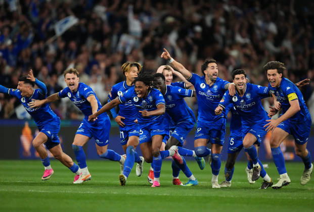 AUSTRALIA CUP SOUTH MELBOURNE VICTORY, South Melbourne FC celebrate as they win the match after a penalty shoot-out during the Australia Cup final match between South Melbourne FC and Melbourne Victory FC at AAMI Park in Melbourne, Saturday, October 10, 2026. ( NO ARCHIVING, EDITORIAL USE ONLY MELBOURNE VICTORIA Australia Copyright: xSCOTTxBARBOURx 20261011110952502008