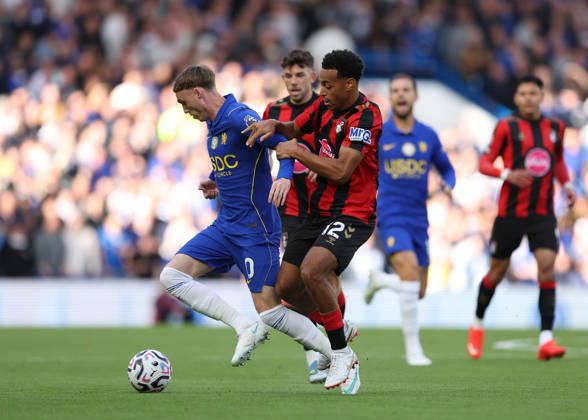 10th October 2026; Stamford Bridge, London, England; Premier League Football, Chelsea versus Bournemouth; Tyler Adams of AFC Bournemouth challenges Cole Palmer of Chelsea JohnxPatrickxFletcher