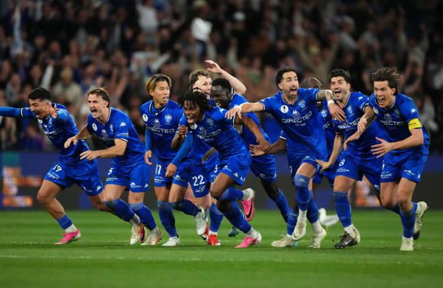 AUSTRALIA CUP SOUTH MELBOURNE VICTORY, South Melbourne FC celebrate as they win the match after a penalty shoot-out during the Australia Cup final match between South Melbourne FC and Melbourne Victory FC at AAMI Park in Melbourne, Saturday, October 10, 2026. ( NO ARCHIVING, EDITORIAL USE ONLY MELBOURNE VICTORIA Australia Copyright: xSCOTTxBARBOURx 20261011115667331127