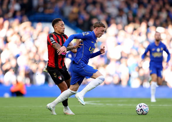 10th October 2026; Stamford Bridge, London, England; Premier League Football, Chelsea versus Bournemouth; Cole Palmer of Chelsea under pressure from Marcus Tavernier of AFC Bournemouth JohnxPatrickxFletcher