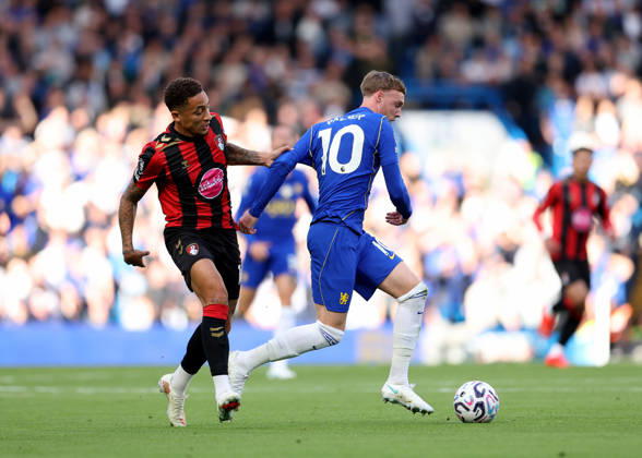 10th October 2026; Stamford Bridge, London, England; Premier League Football, Chelsea versus Bournemouth; Marcus Tavernier of AFC Bournemouth challenges Cole Palmer of Chelsea JohnxPatrickxFletcher