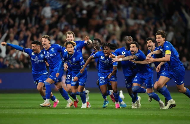AUSTRALIA CUP SOUTH MELBOURNE VICTORY, South Melbourne FC celebrate as they win the match after a penalty shoot-out during the Australia Cup final match between South Melbourne FC and Melbourne Victory FC at AAMI Park in Melbourne, Saturday, October 10, 2026. ( NO ARCHIVING, EDITORIAL USE ONLY MELBOURNE VICTORIA Australia Copyright: xSCOTTxBARBOURx 20261011195595097450