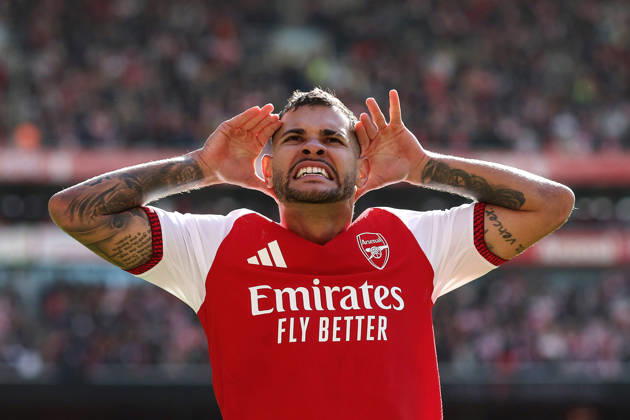 Arsenal v Leeds United 10 October 2026, London - Premier League Football - Arsenal v Leeds United - Bruno Guimaraes of Arsenal celebrates scoring their 2nd goal - Photo: Charlotte Wilson Offside. London UK Copyright: xCharlottexWilsonx xOffsidexOffside