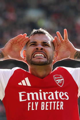 Arsenal v Leeds United 10 October 2026, London - Premier League Football - Arsenal v Leeds United - Bruno Guimaraes of Arsenal celebrates scoring their 2nd goal - Photo: Charlotte Wilson Offside. London UK Copyright: xCharlottexWilsonx xOffsidexOffside