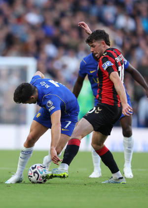 10th October 2026; Stamford Bridge, London, England; Premier League Football, Chelsea versus Bournemouth; Ryan Christie of AFC Bournemouth challenges Pedro Neto of Chelsea JohnxPatrickxFletcher