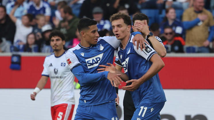 Sinsheim , Fußball Bundesliga TSG 1899 Hoffenheim vs. Hamburger SV , Jubel Hoffenheim , von links: Adam Daghim Fisnik Asllani