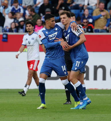 Sinsheim , Fußball Bundesliga TSG 1899 Hoffenheim vs. Hamburger SV , Jubel Hoffenheim , von links: Adam Daghim Fisnik Asllani
