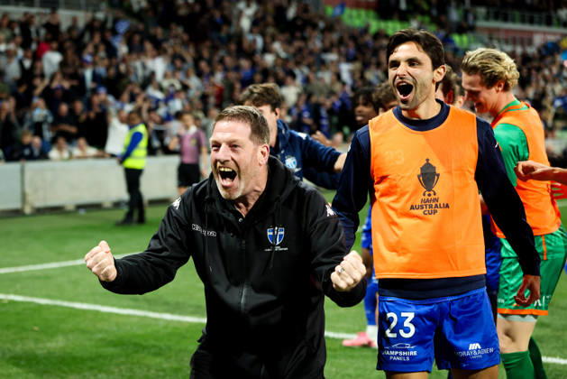 October 10, 2026, Melbourne, Victoria, Australia: MELBOURNE, AUSTRALIA - OCTOBER 10: Fans celebrate Maximillian Mikkola of South M<elbourne FC scoring in the Australia Cup Final match against Melbourne Victory FC at AAMI Park on October 10, 2026 in Melbourne, Austr0alia. South Melbourne FC V Melbourne Victory FC - Australia Cup 2026 Final - ZUMAp121 20261010_zsp_p121_037 Copyright: xChrisxPutnamx