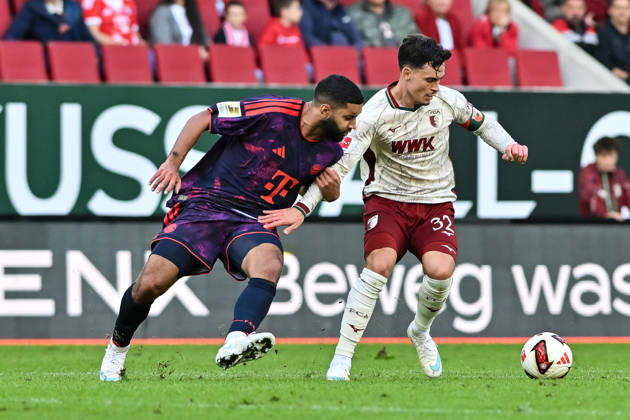 AUGSBURG, GERMANY; 10. OCTOBER: tackle between Ismael SAIBARI (FC Bayern Munich 34) and Fabian RIEDER (FC Augsburg 32) during the Bundesliga Match between FC Augsburg vs. FC Bayern Munich at Matchday 5 at WWK-Arena DFL REGULATIONS PROHIBIT ANY USE OF PHOTOGRAPHS AS IMAGE SEQUENCES AND OR QUASI-VIDEO Copyright: xBEAUTIFULxSPORTS Goldbergx