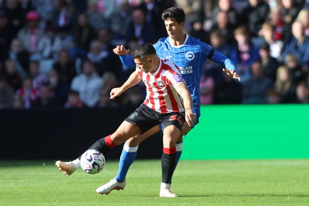 10th October 2026; Stadium of Light, Sunderland, England; Premier League Football, Sunderland versus Brighton and Hove Albion; Granit Xhaka of Sunderland is pressured by Chema Andres of Brighton and Hove Albion DavexLofthouse