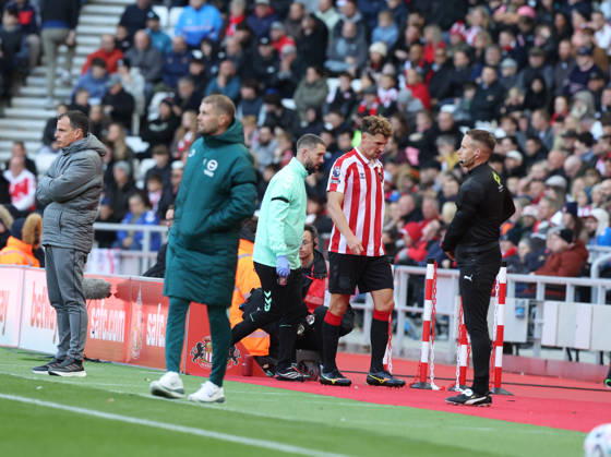 Sunderland, England, 10th October 2026. Thomas Meunier of Sunderland goes off injured during the Sunderland vs Brighton and Hove Albion Premier League match at the Stadium Of Light, Sunderland. Picture credit should read: Nigel Roddis Sportimage EDITORIAL USE ONLY. No use with unauthorised audio, video, data, fixture lists, club league logos or live services. Online in-match use limited to 120 images, no video emulation. No use in betting, games or single club league player publications. SPI_010_NR_SUND_BRIG SPI-5059-0010