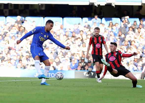 RECORD DATE NOT STATED 10th October 2026; Stamford Bridge, London, England; Premier League Football, Chelsea versus Bournemouth; Morgan Rogers of Chelsea takes a shot on goal JohnxPatrickxFletcher