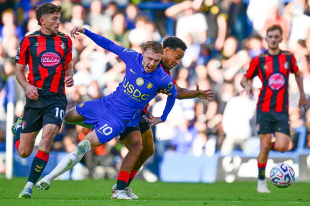 Chelsea v Bournemouth, Premier League AFC Bournemouth midfielder Tyler Adams (12) fouls Chelsea midfielder Cole Palmer (10) during the Premier League match between Chelsea and Bournemouth at Stamford Bridge, London, UK on 10 October 2026. London Stamford Bridge Greater London UK Editorial use only DataCo restrictions apply See www.football-dataco.com , Copyright: xDennisxGoodwinx PSI-24979-0024