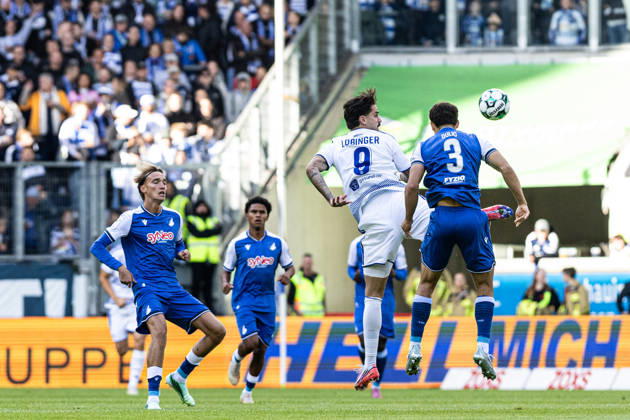 3.Liga: MSV Duisburg TSG Hoffenheim II; 10.10.2026 Lex Tyger Lobinger (MSV Duisburg, 9), Sean Dulic (TSG Hoffenheim II, 3) 3.Liga 8.Spieltag: MSV Duisburg TSG Hoffenheim II; Schauinsland-Reisen-Arena, Duisburg, 10.10.2026 DFB regulations prohibit any use of photographs as image sequences and or quasi video. Copyright: xBEAUTIFULxSPORTS Buriakovx