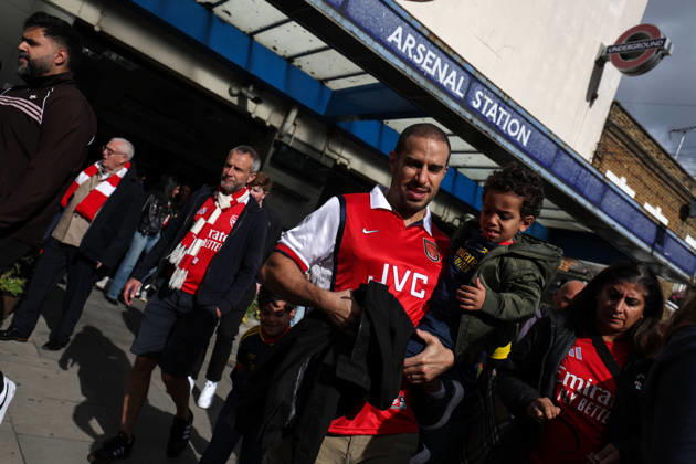 Arsenal v Leeds United 10 October 2026, London - Premier League Football - Arsenal v Leeds United - Arsenal fans exit Arsenal underground station - Photo: Charlotte Wilson Offside. London UK Copyright: xCharlottexWilsonx xOffsidexOffside