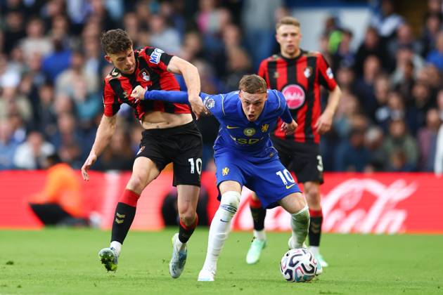 Cole Palmer of Chelsea holds off Ryan Christie of AFC Bournemouth Chelsea v Bournemouth, Premier League, Football, Stamford Bridge, London, UK - 10 Oct 2026London Stamford Bridge United Kingdom EDITORIAL USE ONLY No use with unauthorised audio, video, data, fixture lists, club league logos or live services. Online in-match use limited to 120 images, no video emulation. No use in betting, games or single club league player publications. Copyright: xSimonxDael Shutterstockx 17206021ad