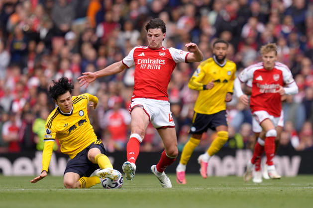 10th October 2026; Emirates Stadium, London, England; Premier League Football, Arsenal versus Leeds United; Declan Rice of Arsenal and Ao Tanaka of Leeds United challenge for the ball TomxMajor