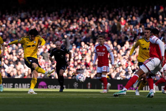 10th October 2026; Emirates Stadium, London, England; Premier League Football, Arsenal versus Leeds United; Ao Tanaka of Leeds United shoots at goal TomxMajor
