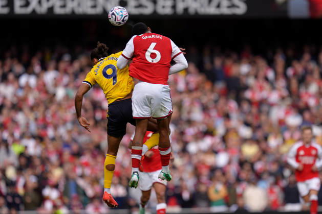 10th October 2026; Emirates Stadium, London, England; Premier League Football, Arsenal versus Leeds United; Dominic Calvert-Lewin of Leeds United and Gabriel of Arsenal compete for a header TomxMajor