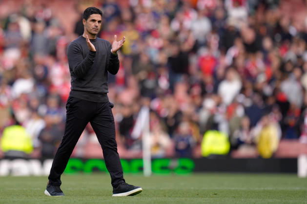10th October 2026; Emirates Stadium, London, England; Premier League Football, Arsenal versus Leeds United; Arsenal Manager Mikel Arteta applauds home supporters after his side& x2019;s 2-1 victory TomxMajor