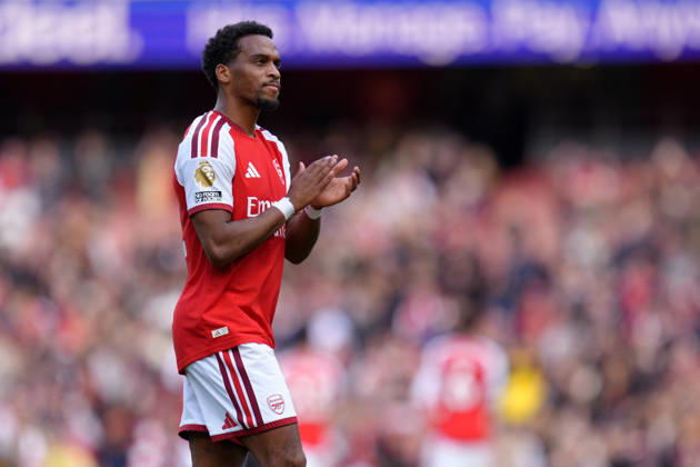10th October 2026; Emirates Stadium, London, England; Premier League Football, Arsenal versus Leeds United; Jurrien Timber of Arsenal applauds home supporters at the full-time whistle TomxMajor