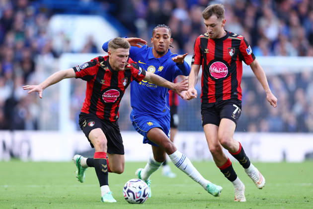 London, England, 10th October 2026. Joao Pedro of Chelsea is challenged by Adrien Truffert (L) and David Brooks of AFC Bournemouth during the Chelsea vs AFC Bournemouth Premier League match at Stamford Bridge, London. Picture credit should read: Paul Terry Sportimage EDITORIAL USE ONLY. No use with unauthorised audio, video, data, fixture lists, club league logos or live services. Online in-match use limited to 120 images, no video emulation. No use in betting, games or single club league player publications. SPI_023_PT_Chelsea_Bournemouth SPI-5060-0023