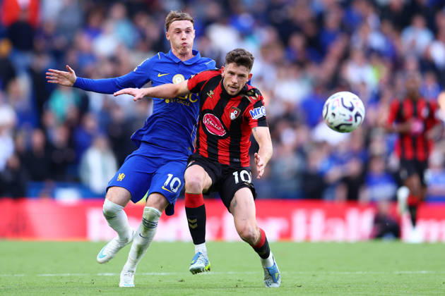 London, England, 10th October 2026. Cole Palmer of Chelsea and Ryan Christie of AFC Bournemouth challenge for the ball during the Chelsea vs AFC Bournemouth Premier League match at Stamford Bridge, London. Picture credit should read: Paul Terry Sportimage EDITORIAL USE ONLY. No use with unauthorised audio, video, data, fixture lists, club league logos or live services. Online in-match use limited to 120 images, no video emulation. No use in betting, games or single club league player publications. SPI_025_PT_Chelsea_Bournemouth SPI-5060-0025