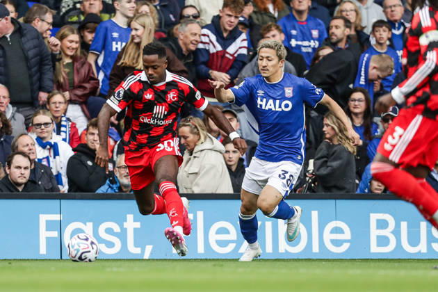 10th October 2026; Portman Road, Ipswich, Suffolk, England; Premier League Football, Ipswich Town versus Fulham; Ryan Sessegnon of Fulham challenges Daizen Maeda of Ipswich Town for the ball AndyxSkinner