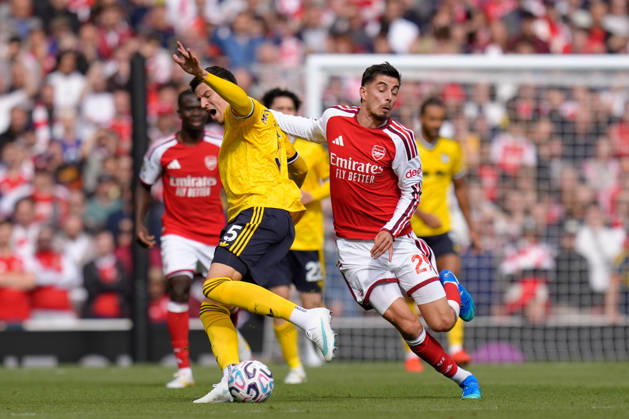 10th October 2026; Emirates Stadium, London, England; Premier League Football, Arsenal versus Leeds United; Kai Havertz of Arsenal is challenged by Tarik Muharemovic of Leeds United TomxMajor