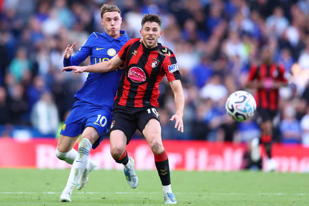 London, England, 10th October 2026. Cole Palmer of Chelsea and Ryan Christie of AFC Bournemouth challenge for the ball during the Chelsea vs AFC Bournemouth Premier League match at Stamford Bridge, London. Picture credit should read: Paul Terry Sportimage EDITORIAL USE ONLY. No use with unauthorised audio, video, data, fixture lists, club league logos or live services. Online in-match use limited to 120 images, no video emulation. No use in betting, games or single club league player publications. SPI_024_PT_Chelsea_Bournemouth SPI-5060-0024