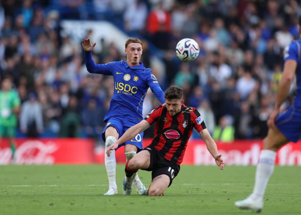 10th October 2026; Stamford Bridge, London, England; Premier League Football, Chelsea versus Bournemouth; Cole Palmer of Chelsea challenges Ryan Christie of AFC Bournemouth JohnxPatrickxFletcher
