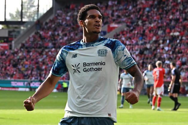 10.10.2026, xsltx, Fussball 1.Bundesliga, FSV Mainz 05 - Bayer 04 Leverkusen v.l. Torjubel nach dem Tor zum celebrating the goal celebrate 2:3 durch Jarell Quansah (Bayer 04 Leverkusen) (DFL DFB REGULATIONS PROHIBIT ANY USE OF PHOTOGRAPHS as IMAGE SEQUENCES and or QUASI-VIDEO) Mainz