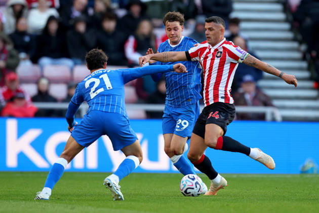 Sunderland v Brighton and Hove Albion - Premier League 2026 27 Maxim De Cuyper of Brighton and Hove Albion and Granit Xhaka of Sunderland challenge during the Premier League 2026 27 match between Sunderland and Brighton & Hove Albion at Stadium of Light on October 10, 2026 in Sunderland, England. WARNING! This Photograph May Only Be Used For Newspaper And Or Magazine Editorial Purposes. May Not Be Used For Publications Involving 1 player, 1 Club Or 1 Competition Without Written Authorisation From Football DataCo Ltd. For Any Queries, Please Contact Football DataCo Ltd on +44 (0) 207 864 9121 Sunderland Stadium of Light England United Kingdom Copyright: xAllstarxPicturexLibraryxLtdx