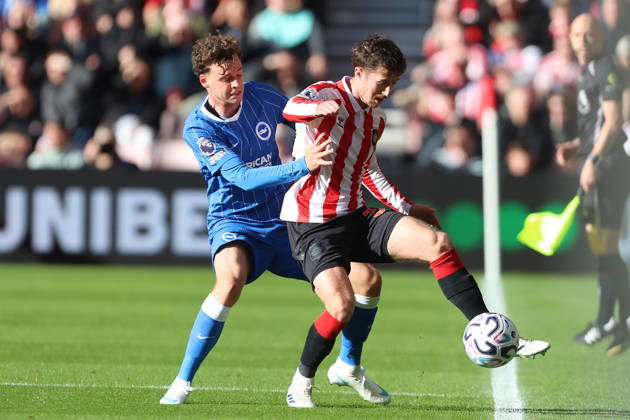 10th October 2026; Stadium of Light, Sunderland, England; Premier League Football, Sunderland versus Brighton and Hove Albion; Trai Hume of Sunderland holds off Maxim De Cuyper of Brighton and Hove Albion DavexLofthouse