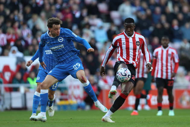 10th October 2026; Stadium of Light, Sunderland, England; Premier League Football, Sunderland versus Brighton and Hove Albion; Maxim De Cuyper of Brighton and Hove Albion is challenged by Nordi Mukiele of Sunderland DavexLofthouse