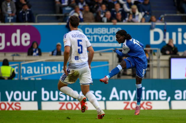 10.10.2026, GER, Fussball, Herren, 3. Liga, Saison 2026 2027, MSV Duisburg - TSG Hoffenheim II Blessing Maleko Makanda (TSG II) erzielt das Tor zum 0:2 Copyright: xSvenxHanischx