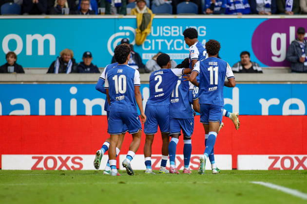 10.10.2026, GER, Fussball, Herren, 3. Liga, Saison 2026 2027, MSV Duisburg - TSG Hoffenheim II Blessing Maleko Makanda (TSG II) Torjubel, jubelt mit seiner Mannschaft nach dem Treffer zum 0:2 Copyright: xSvenxHanischx