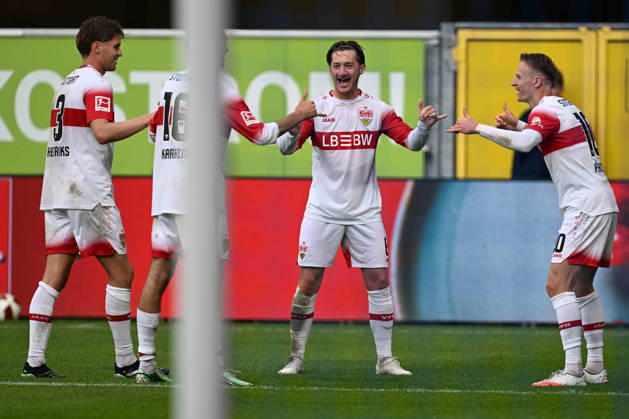 Paderborn, Home-Deluxe-Arena, 10.10.26, GER, Herren, 1.Bundesliga, Saison 2026-2027, SC Paderborn 07 - VfB Stuttgart Bild: Chris FUEHRICH (Stuttgart) jubelt nach seinem Tor zum 0:2 DFL regulations prohibit any use of photographs as image sequences and or quasi-video. Nordrhein-Westfalen Deutschland