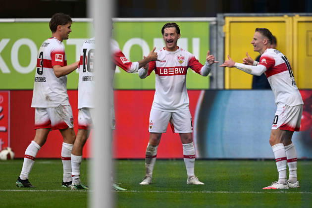 Paderborn, Home-Deluxe-Arena, 10.10.26, GER, Herren, 1.Bundesliga, Saison 2026-2027, SC Paderborn 07 - VfB Stuttgart Bild: Chris FUEHRICH (Stuttgart) jubelt nach seinem Tor zum 0:2 DFL regulations prohibit any use of photographs as image sequences and or quasi-video. Nordrhein-Westfalen Deutschland