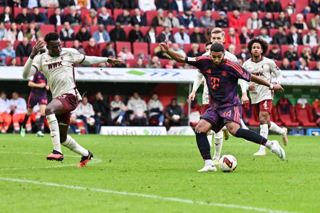 AUGSBURG, GERMANY; 10. OCTOBER: tackle between Ismael Abdulai Juma BAH (FC Augsburg 35) und Ismael SAIBARI (FC Bayern Munich 34) during the Bundesliga Match between FC Augsburg vs. FC Bayern Munich at Matchday 5 at WWK-Arena DFL REGULATIONS PROHIBIT ANY USE OF PHOTOGRAPHS AS IMAGE SEQUENCES AND OR QUASI-VIDEO Copyright: xBEAUTIFULxSPORTS Goldbergx