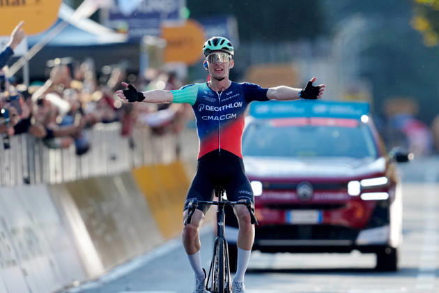 France s Paul Seixas of Decathlon CMA CGM Team celebrates as he cycles to the finish line to win during the 120th edition of the Il Lombardia, Tour of Lombardy cycling race, a 239 km one day race from Bergamo to Como on October 10, 2026, Italy. Copyright: xGianxMattiaxD Alberto LaPressex
