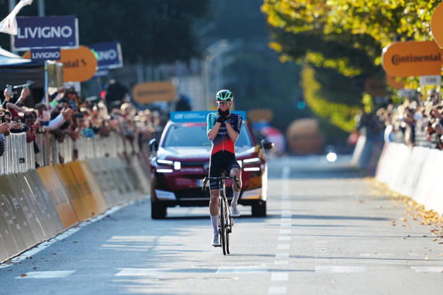 France s Paul Seixas of Decathlon CMA CGM Team celebrates as he cycles to the finish line to win during the 120th edition of the Il Lombardia, Tour of Lombardy cycling race, a 239 km one day race from Bergamo to Como on October 10, 2026, Italy. Copyright: xGianxMattiaxD Alberto LaPressex