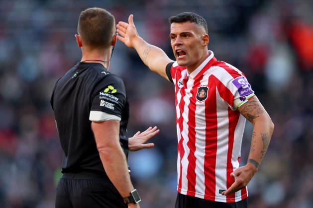 Sunderland v Brighton and Hove Albion - Premier League 2026 27 Granit Xhaka of Sunderland complains to referee Thomas Bramall during the Premier League 2026 27 match between Sunderland and Brighton & Hove Albion at Stadium of Light on October 10, 2026 in Sunderland, England. WARNING! This Photograph May Only Be Used For Newspaper And Or Magazine Editorial Purposes. May Not Be Used For Publications Involving 1 player, 1 Club Or 1 Competition Without Written Authorisation From Football DataCo Ltd. For Any Queries, Please Contact Football DataCo Ltd on +44 (0) 207 864 9121 Sunderland Stadium of Light England United Kingdom Copyright: xAllstarxPicturexLibraryxLtdx