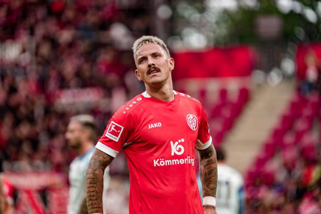 Deutschland: Fussball Saison 2026 2027 , 1. Bundesliga , 5. Spieltag , 1. FSV Mainz 05 vs. Bayer 04 Leverkusen - MEWA-Arena (Mainz) : Phillip Tietz (1. FSV Mainz 05, 9) Mimik, Gesichtsausdruck, Emotion Mainz MEWA-Arena Deutschland Germany Copyright: xBennetxLongx