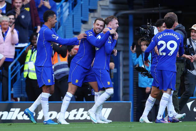 London, England, 10th October 2026. Jordan Henderson (C) of Chelsea celebrates after scoring to make it 5-1 during the Chelsea vs AFC Bournemouth Premier League match at Stamford Bridge, London. Picture credit should read: Paul Terry Sportimage EDITORIAL USE ONLY. No use with unauthorised audio, video, data, fixture lists, club league logos or live services. Online in-match use limited to 120 images, no video emulation. No use in betting, games or single club league player publications. SPI_033_PT_Chelsea_Bournemouth SPI-5060-0033